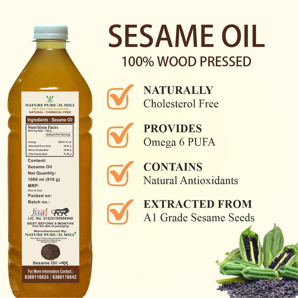Sesame Oil 100% Pure And Unrefined Wood Pressed - Nature Pure Oil Mill